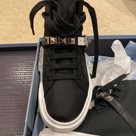 Prada  Black Tessuto Studded Strap High Sneaker - Picture 6 of 8